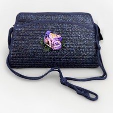 Navy Blue Straw Clutch Purse Bag Crossbody 3D Floral Appliqu  Boho Basket Beachy