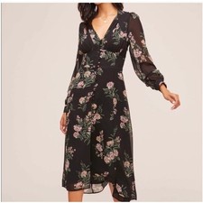 NEW ASTR Dress S Black Floral Botton Bodice Long Sleeve Front Buttons Midi NWT