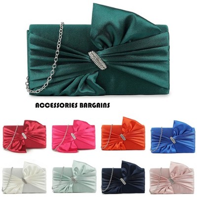 Damen Satin Plissee Clutch Tasche Abend Braut Hochzeit Party Abschlussball Handtasche Kette