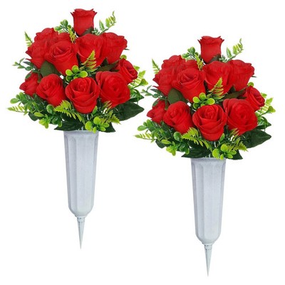 Artificial Cemetery Flowers2 Sets Artificial Rose Flowers with VaseMemorial F...