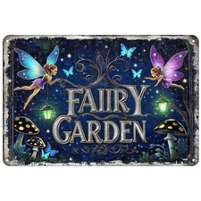 Fairy Garden Tin Metal Signs Home D cor 8x12: Vintage Rustic Wall Art, Outdoor