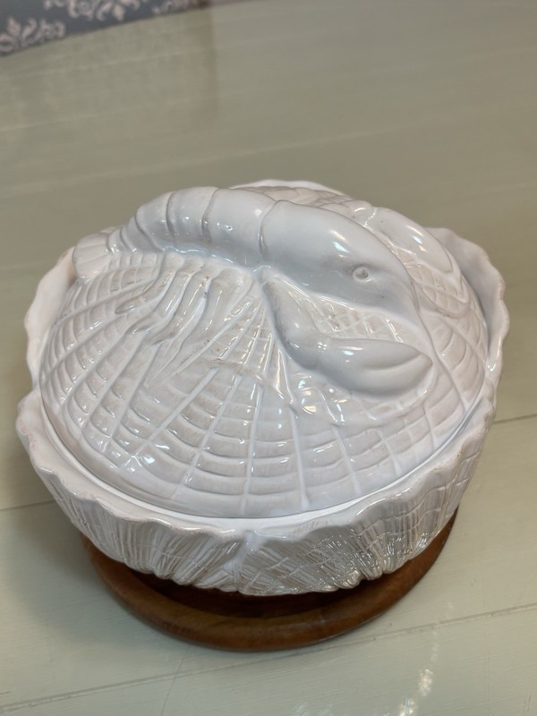 Blue Sky White Ceramic Embossed Lobster W/Scallops Covered Veggie Dish 2007
