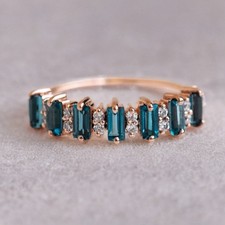 Baguette London Blue Topaz Half Eternity Braided Band Ring 14k Rose Gold Plated