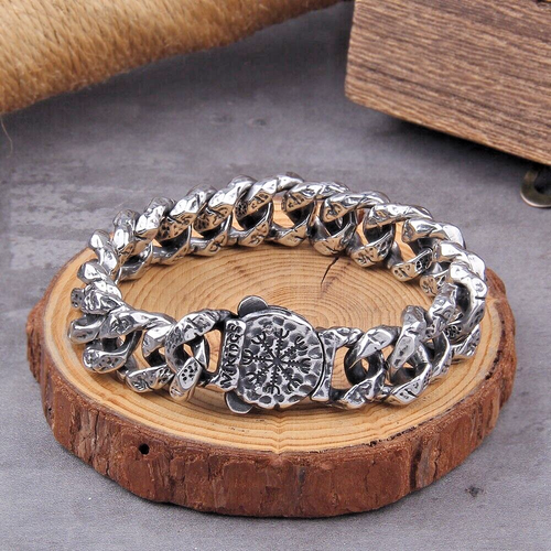 Viking Stainless Steel Bracelet Dragon Rune Cuban Chain Vintage Bangle Gift New - Picture 3 of 7