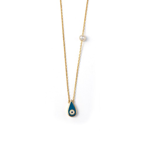 Evil Eye Halskette mit Perle - 14K Gelbgold und blauer Emaille - griechischer Schmuck - Bild 8 von 9