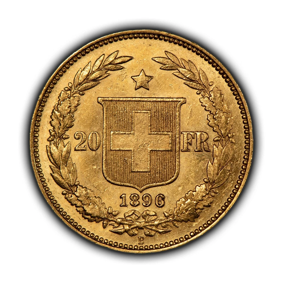 Helvetia de oro suizo de 20 francos de Suiza 1896-B - AU - 0,1867 AGW - SKU-G4642 Foto 3 de 4