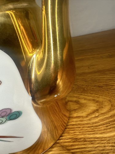 VINTAGE PORCELAIN GOLD COLORED DOUBLE HAPPINESS DRAGON & PHOENIX TEA POT 7” TALL - Picture 7 of 18