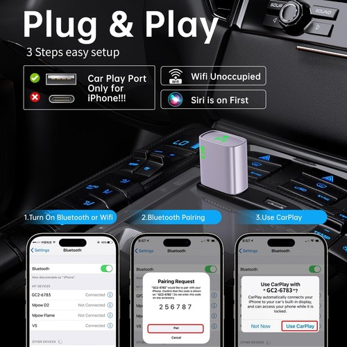 Mini Wireless CarPlay Adapter for Apple iPhone: Low Lag Mini Car Play Wireles... - Picture 3 of 7