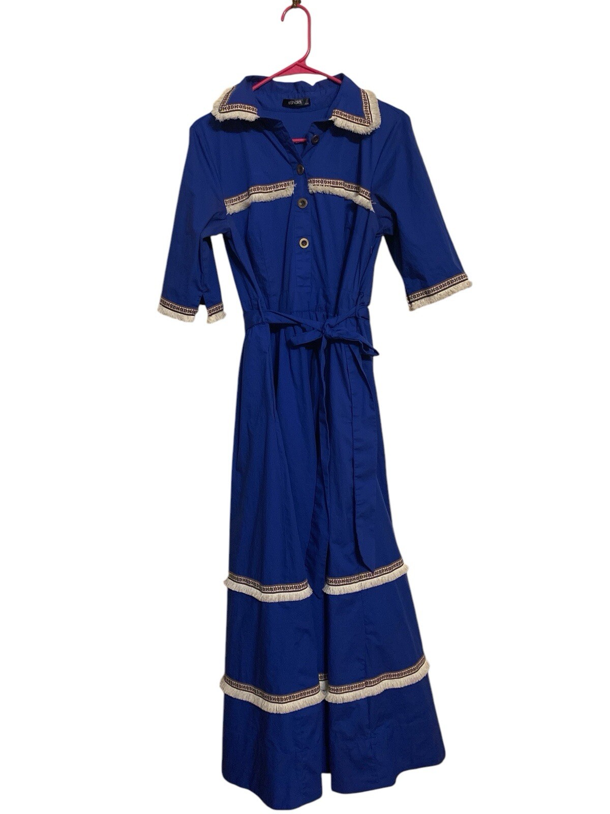 eSHAKTI Women's Blue Fit N Flare Midi Dress Sash Waist Custom Size L 12 Pockets