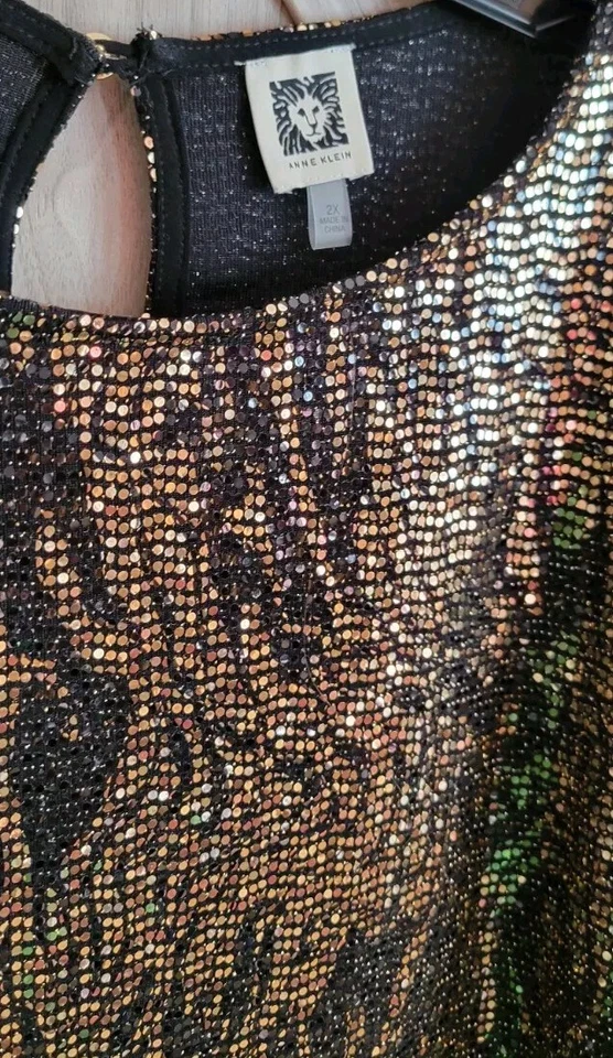 Blusa para mujer Ann Klein dorada brillante negra dorada mangas planas 2XL Foto 3 de 4