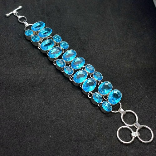 Blue Topaz Gemstone 925 Sterling Silver Plated Handmade Bracelet Jewelry 9" - Picture 4 of 6