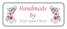 30 Personalized "handmade by" stickers, Labels, tags, pink flowers