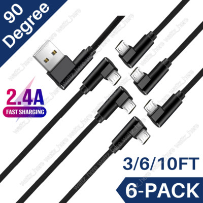 6-Pack Micro USB Cable 90 Degree Fast Charging 3/6/10Ft For Samsung Android Lot