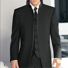 2022 Black Stand Collar Men Wedding Suits 3 Pcs Jacket Pants Vest Tie Tuxedos