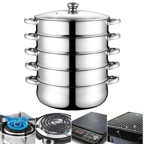 INDUCTION HOB STEAMER 5TIER MULTI VEG COOKER POT PAN SET S/S STEEL WITH LID TOOL - Picture 2 of 12