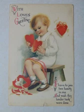 E839 Postcard With Loves Greeting Valentines Day hearts kid -rough bottom