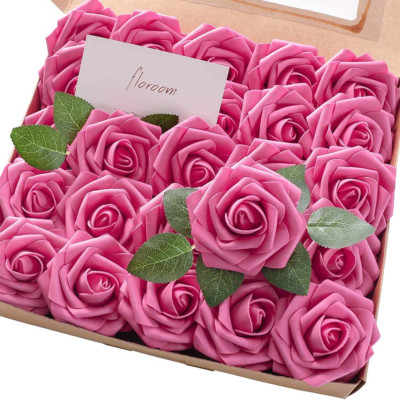 Artificial Flowers 50Pcs Real Looking Hot Pink Foam Fake Roses with Stems for DI