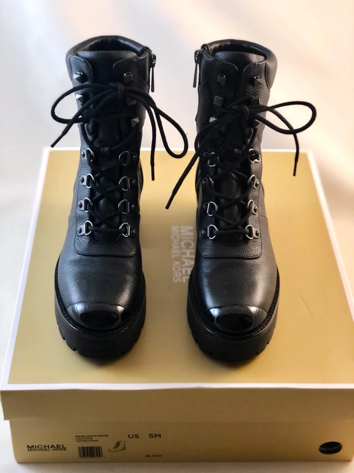 Michael Kors Khloe Boot Women Black Real Leather Combat Lace Up Zip 5 Worn Once - Image 2 of 4