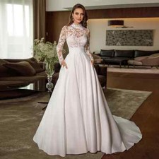 High Neck Wedding Dresses Long Sleeves Appliques Satin Bridal Gowns With Pockets