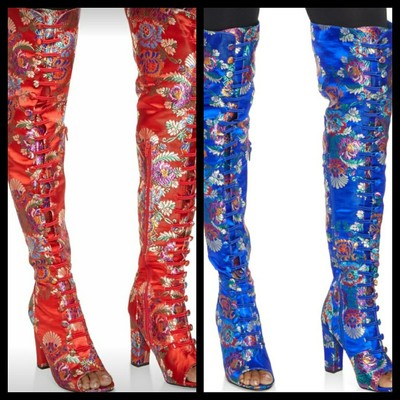 Bamboo Thigh High With Embroidery FLowers All Over Red & Royal Blue