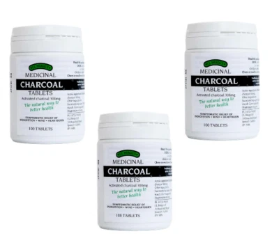J L BRAGGS 3x Braggs Medicinal Charcoal 100 Tablets For Indigestion Relief