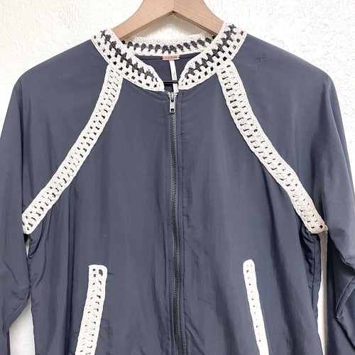 Free People Womens S Cream Crochet Trim Zip Front Gray Bomber Jacket Lightweight - Picture 4 of 12