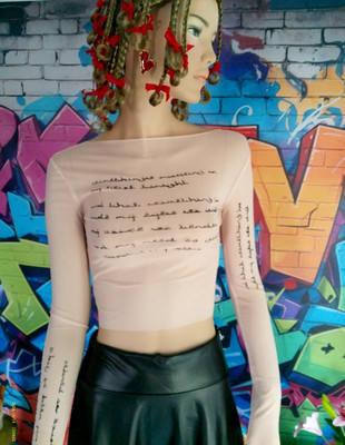 Trendiges Langarm Shirt Damen, Schrift Design,  Mesh, transparent, Gr. M