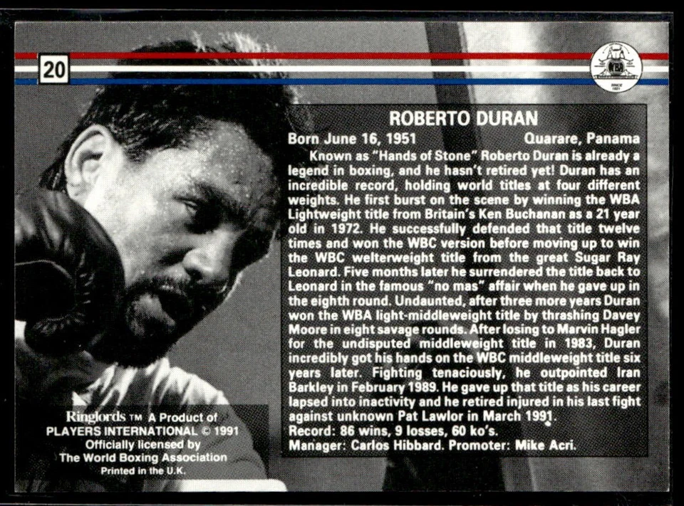 1991 Ringlords #20 Roberto Duran - Image 2 of 2