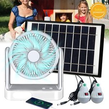Solar Camping Fans with Solar Panel Rechargeable Tent Fan w/ LED Light 2 bulbs