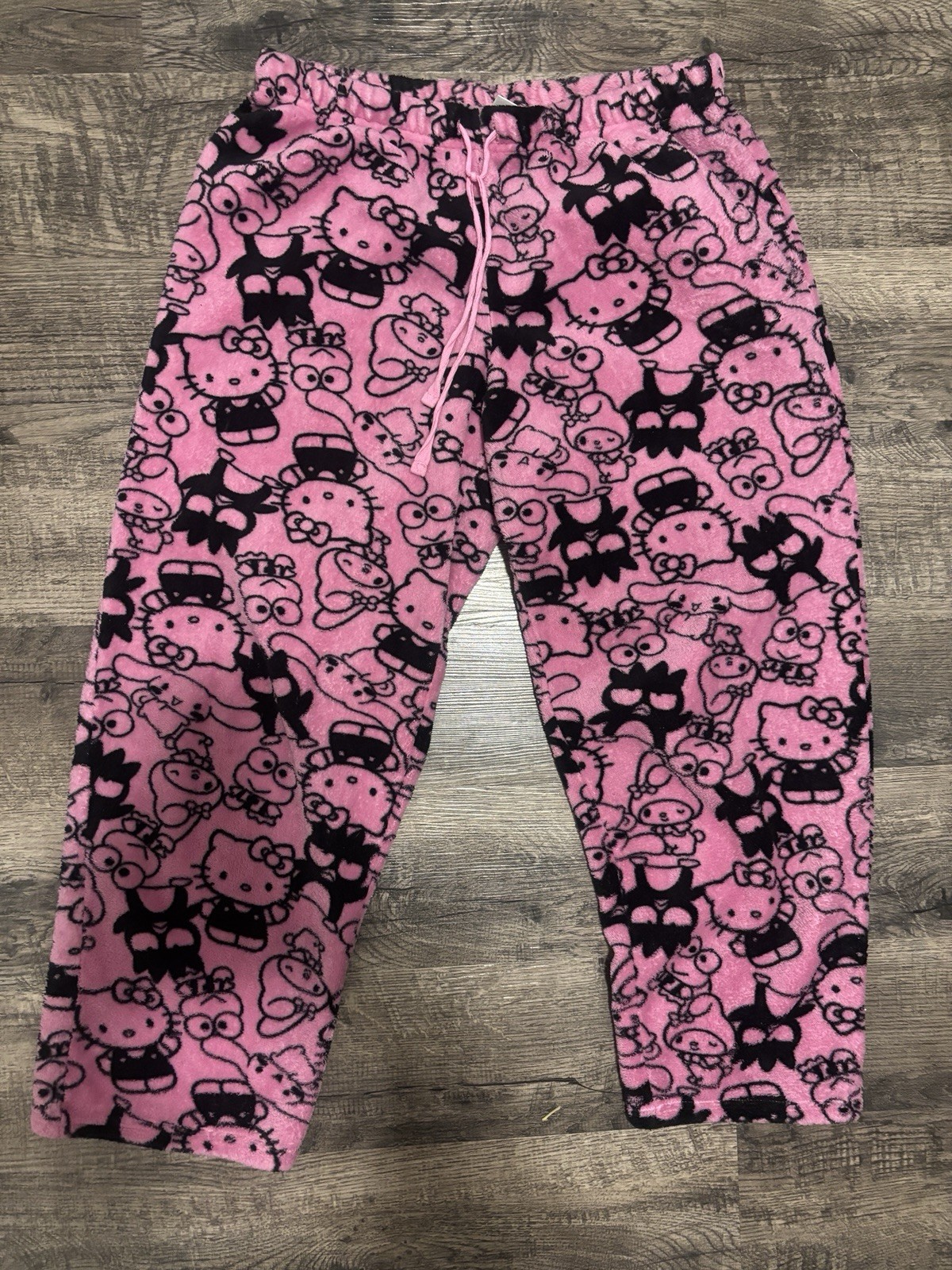 Hello Kitty Womens Pink Black Fleece Pajama Pants Cartoon Characters Drawstring