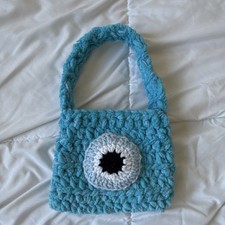 Handmade Blue Yarn Boho Shoulder Bag with Evil Eye Motif for Everyday Use