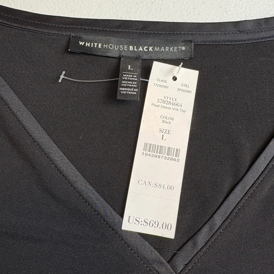 White House Black Market 黑色褶袖 V 领针织上衣 L 码全新带标签 — 第 3/4 张图片