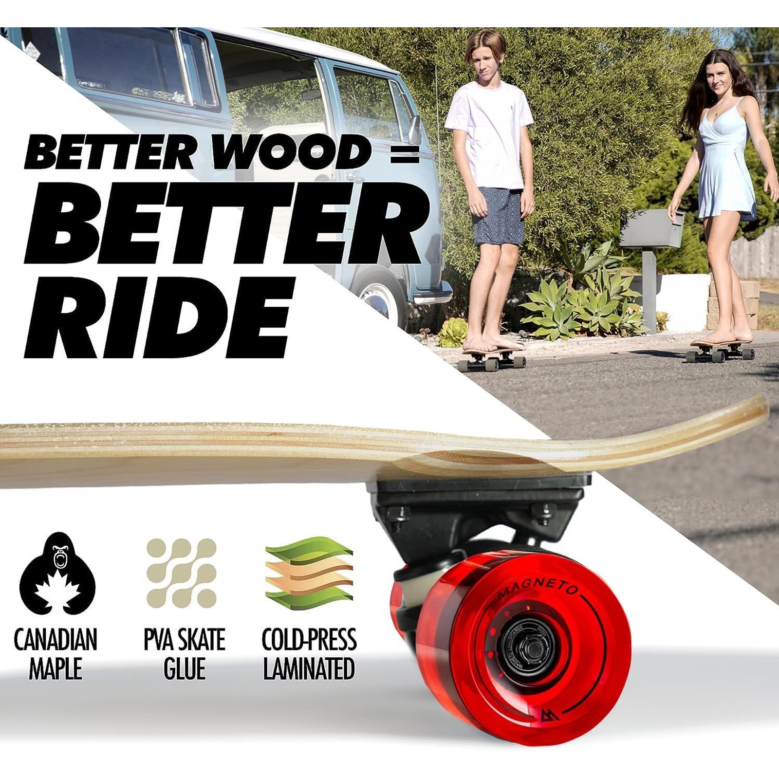 44 inch Kicktail Cruiser Longboard Skateboard, Bamboo and Hard Maple Deck (Red)