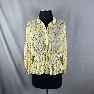 Zara Basic Collection Blouse Top Womens S Yellow Floral Cinched Balloon Sleeve