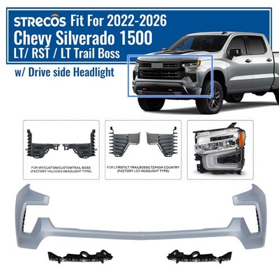 Front Upper Bumper Cover For 2022-2026 Chevy Silverado 1500 & Driver Side HL