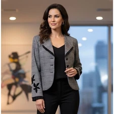 Vtg Zoe Blazer Jacket Women's Gray Plaid Cropped Embroidered Floral 90s Sz Small