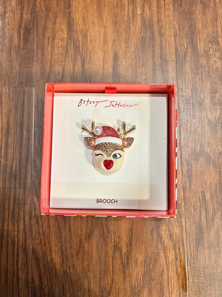 Broche prendedor Betsey Johnson guiñando un ojo reno perla vacaciones de Navidad NUEVO EN CAJA Foto 2 de 2