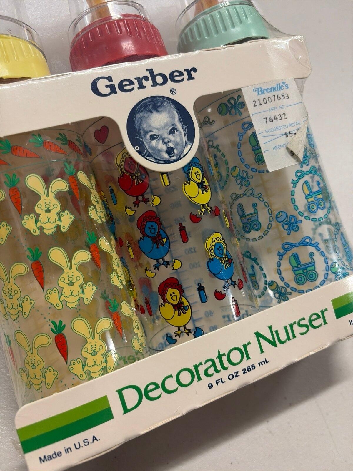 NIP Vintage 80s 90s Gerber 3-Pack Decorator Nurser  9oz Baby Bottles
