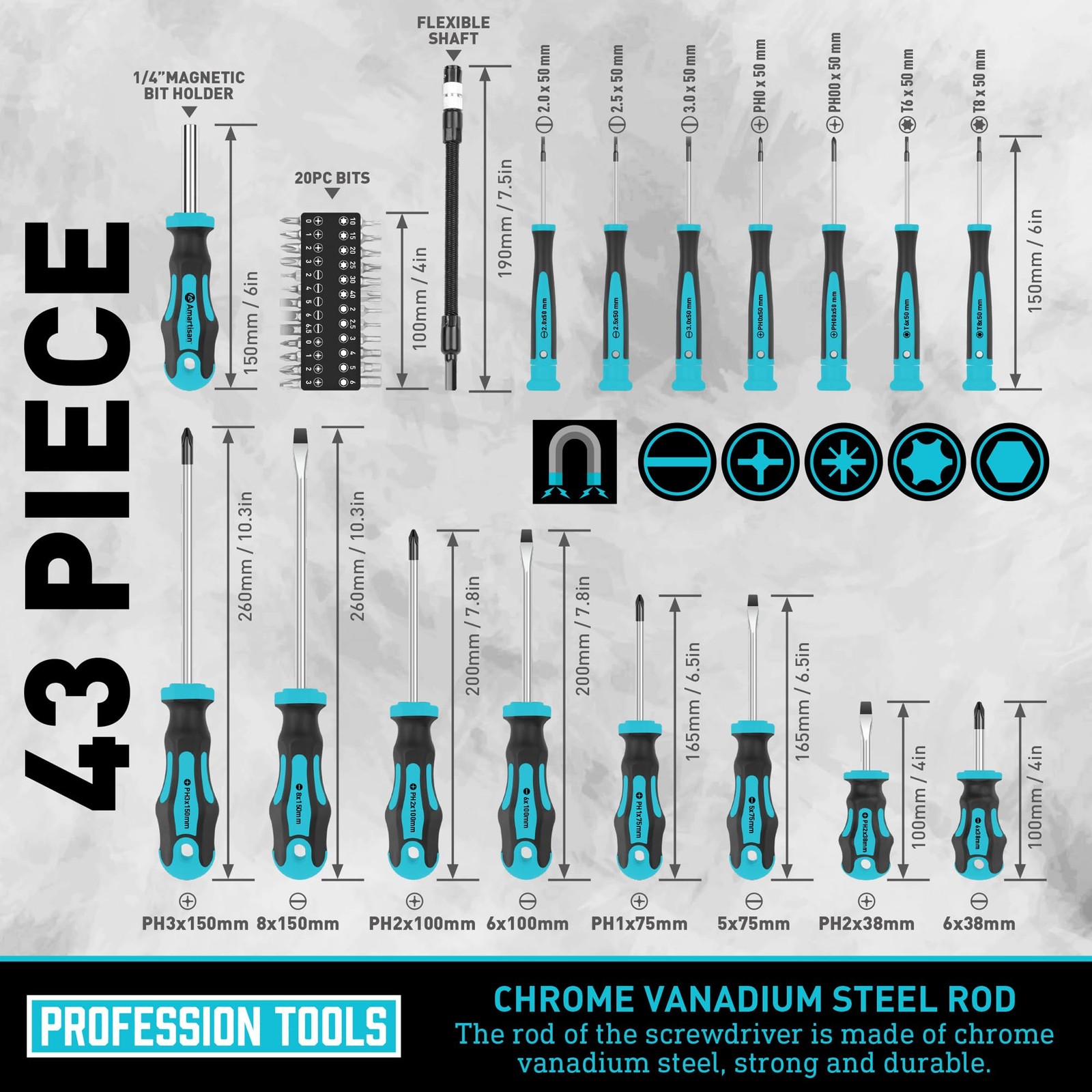 Magnetic Screwdrivers Set with Case, Amartisan 43-piece Includs Slotted, Phil...