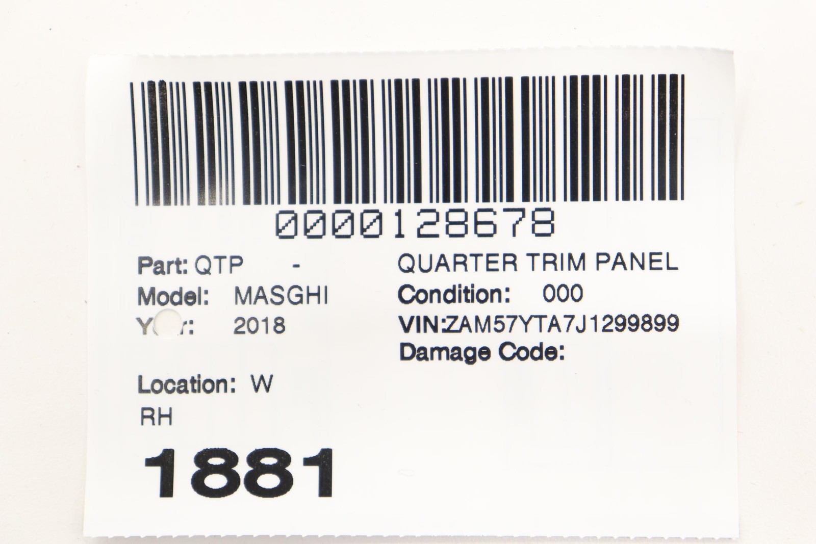 2014 - 2024 MASERATI GHIBLI REAR RIGHT QUARTER COVER TRIM PANEL OEM 06700715270