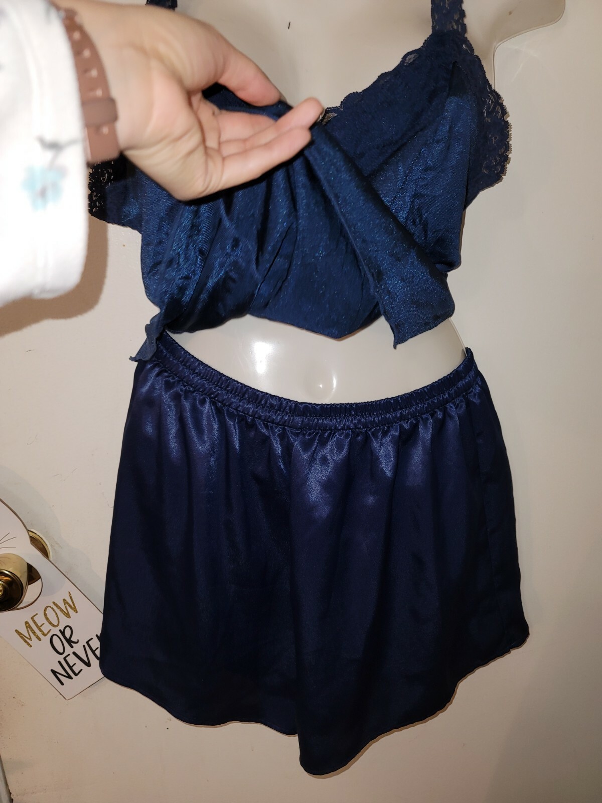 Navy Blue Pajama Set Short Silky Nylon Women's s/m vintage b19