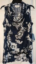 Simply Vera Sleeveless Rayon Blouse Top Cowl Neck Blue Floral Stain Breathe