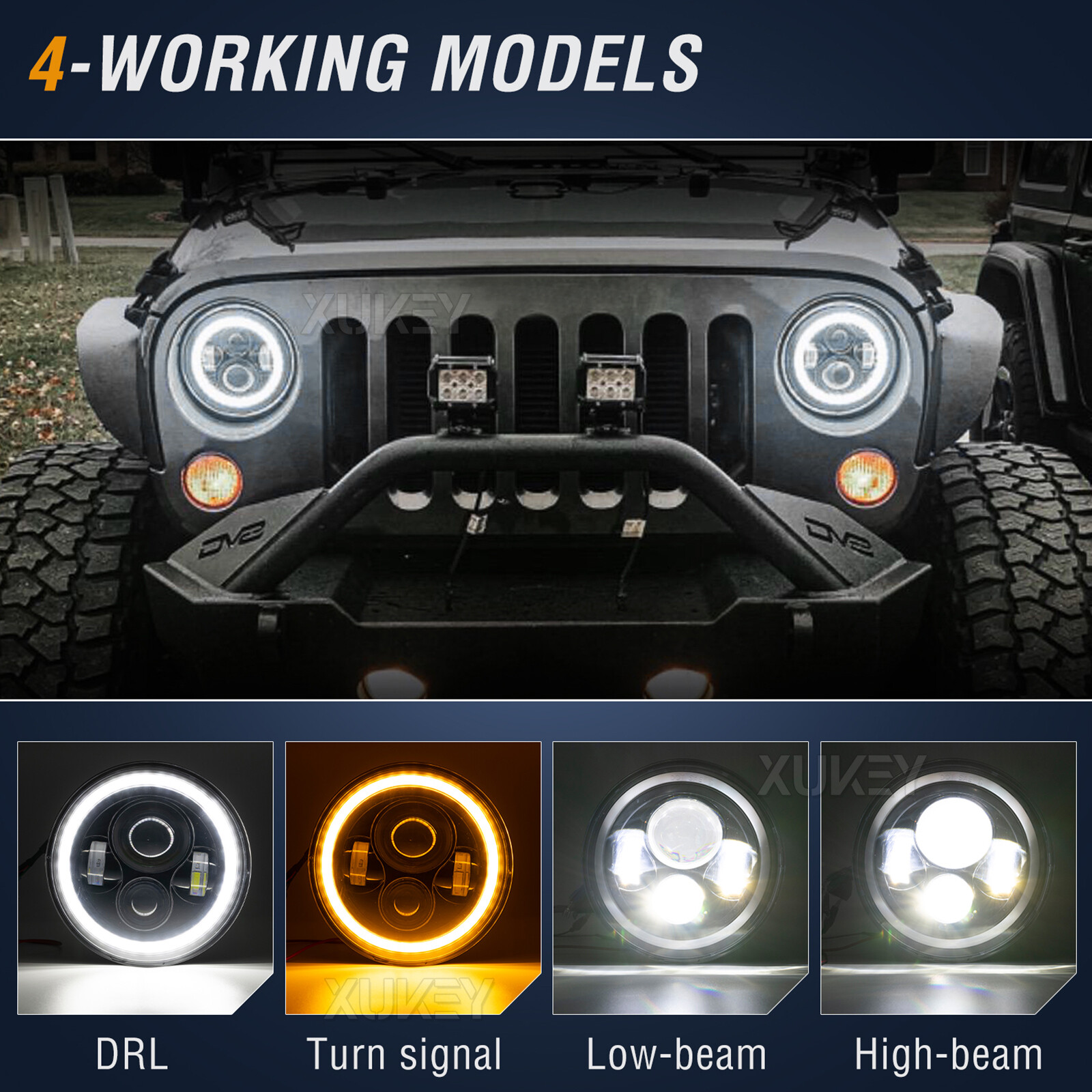 7inch LED Headlights + Tail Lights Set Combo 4X For Jeep Wrangler TJ 1997-2006