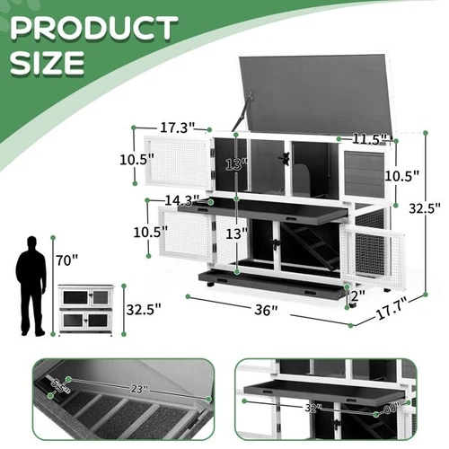Wood 2 Story Solid Rabbit Hutch Bunny Cage with 2 Large Main Rooms Rabbit House - Picture 8 of 19