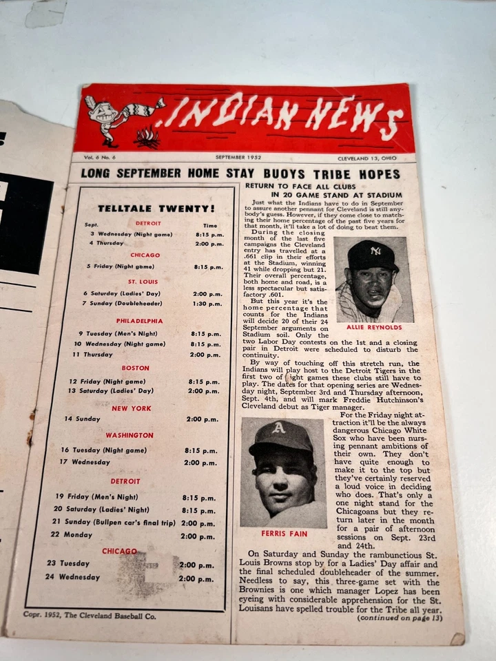 🔥 1952 Cleveland Indians Program vs Tigers Unscored Cover Tear🔥 - Image 4 of 4
