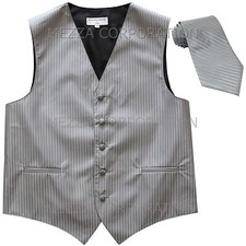 New Men's Tuxedo Vest Waistcoat Vertical Stripes Necktie prom wedding party Gray