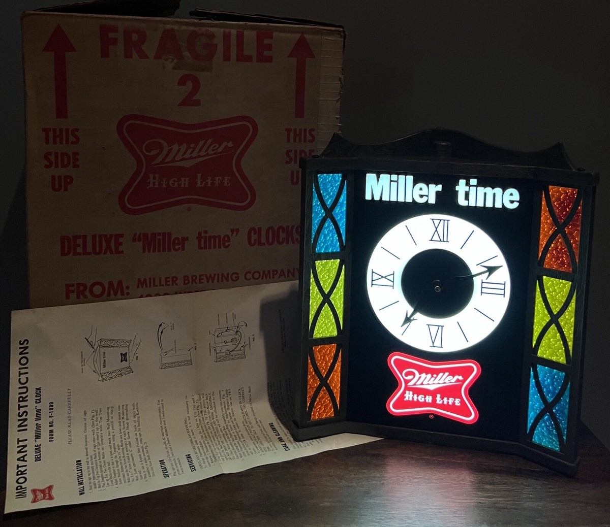 Vintage MILLER HIGH LIFE Beer CLOCK Faux STAINED GLASS Bar