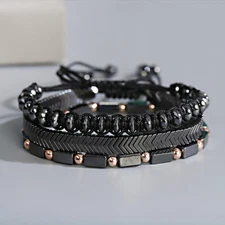 3-in-1 Natural Hematite Healing Braided Stacking Bracelet Black Men Jewelry Gift