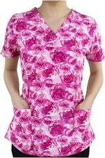 Maevn Women's Stretch Print Scrub Top 1767-PNP Peony Pink V-Neck Sizes S to L