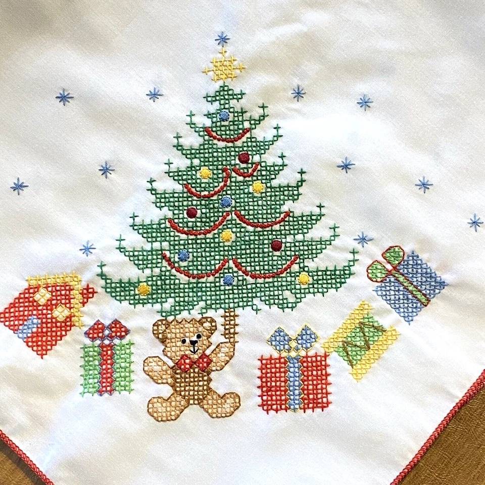 Vtg Cross Stitch Embroidery Handmade Christmas Tablecloth 100 X 58 Rectangle NEW - Image 3 of 4